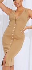 Prettylittlething Ribbed Button Front Bodycon Stretch Midi Dress Beige Stone