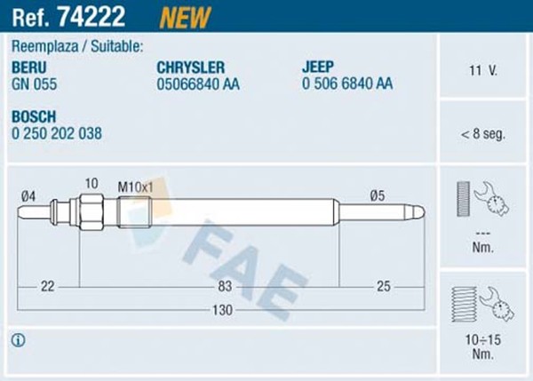 FAE GlüHkerze 74222 FüR Voyager Cherokee Chrysler Jeep KJ RG RS 11V M10X1 CRD 4-image