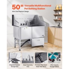 VEVOR Stainless Steel Dog Washing Station, 50 inch Pet Grooming Tub w/ Ramp, Fau