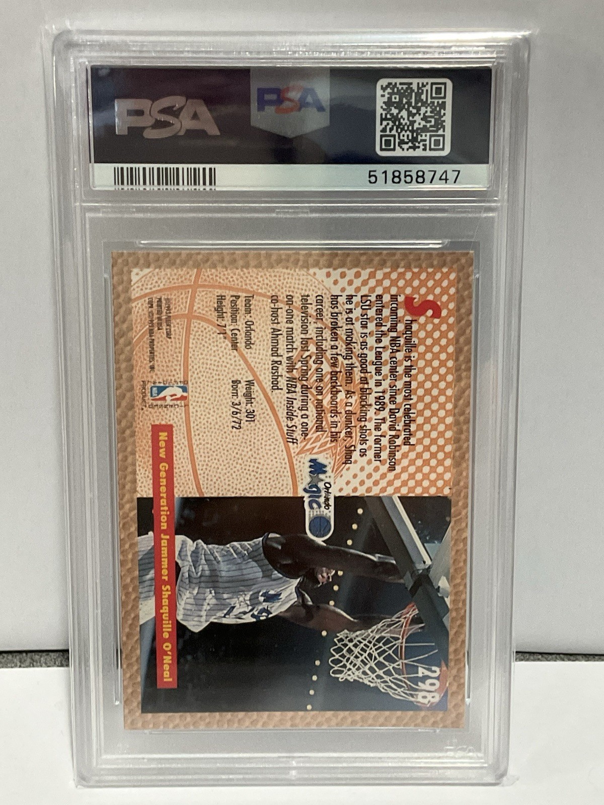 1992 Shaquille O’Neal Fleer Slam Dunk #298 Autographed PSA 9 view 2