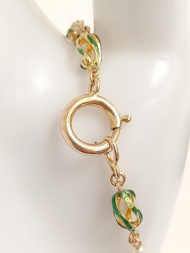 Beautiful 15ct Yellow Gold Green Enamel Swirl & Seed Pearl 18.3cm Bracelet 5.38g - Picture 4 of 7
