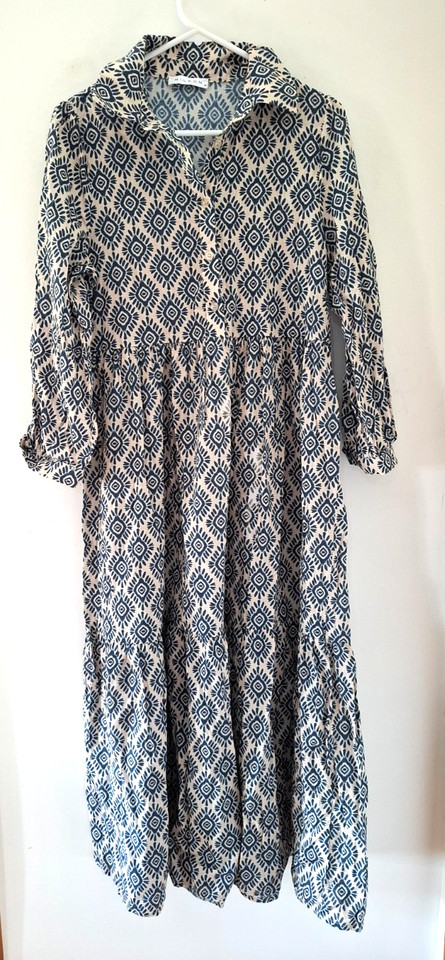 M.I.L.S.O.N OATMEAL COTTON MAXI SHIRT DRESS. BLUE PRINT. MEDIUM. MADE IN ITALY