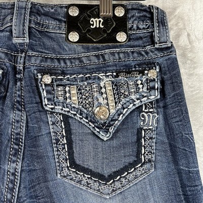 Miss Me Jeans Womens 29 Signature Skinny Dark Wash Embellished Flap Pocket
