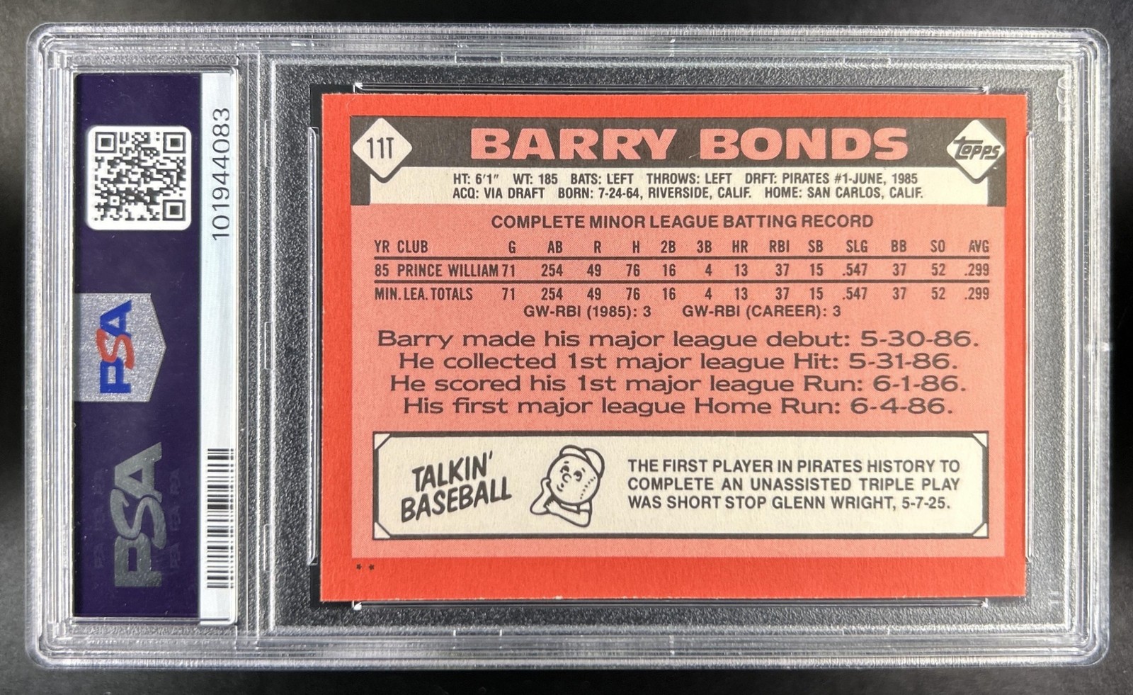 1986 Topps Traded Barry Bonds Rookie RC #11T Pirates PSA 8 view 2