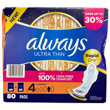 Always Ultra Thin Overnight Pads with Flexi-Wings, Unscented, Size 4, 80ct