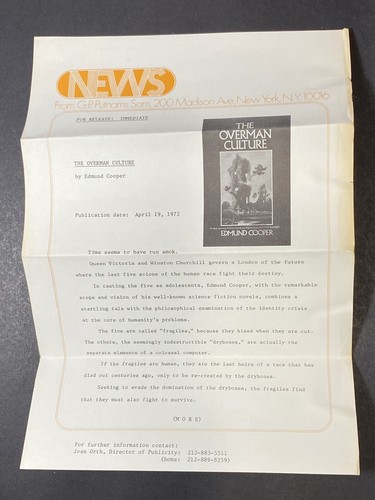 The Overman Culture REVIEW COPY By Edmund Cooper First Edition Putnam 1972 HC/DJ - Picture 3 of 17