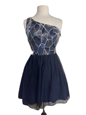 bcx prom dress BCX Juniors' Sequin One-Shoulder Mesh-Skirt Dress M Blue Prom Dance Formal  Party