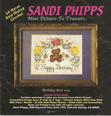 Counted Cross Stitch Kit Sandi Phipps Birthday Bear #44 w 2 Gold Plated Charms