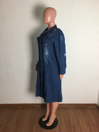 Damen Mode Denim Windbreaker Lange Vintage Denim Mantel Lange Jeansjacke Mantel - Bild 11 von 18