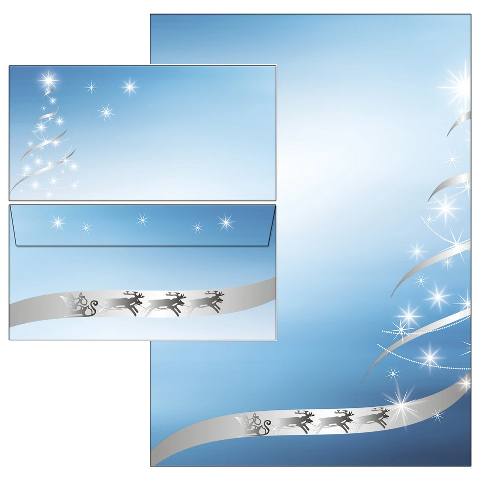 IDEENSTADL Briefpapier Briefumschläge silber-star Weihnachten A4 /DL mit/ohne Fenster Set
