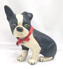 Vintage Boston Terrier Dog Door Stop Cast Iron Signed Numbered Black White Decor