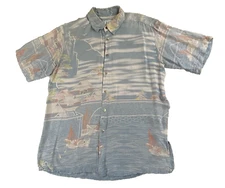 Citron Santa Monica Shirt Men M Asian Ocean Scene Boats Asia Art Silk