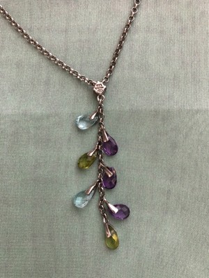 16 -18'' Sterling Silver Necklace w Green, Blue & Purple Semi Precious Stones 