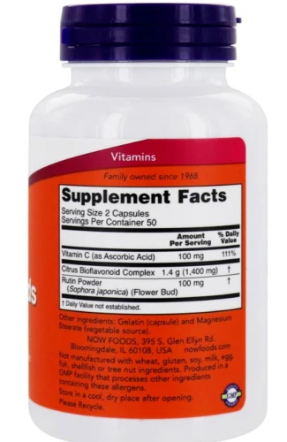 Bioflavonoides cítricos NOW Foods 1400 mg 100 cápsulas Sophora japonica/rutina/kosher Foto 2 de 2