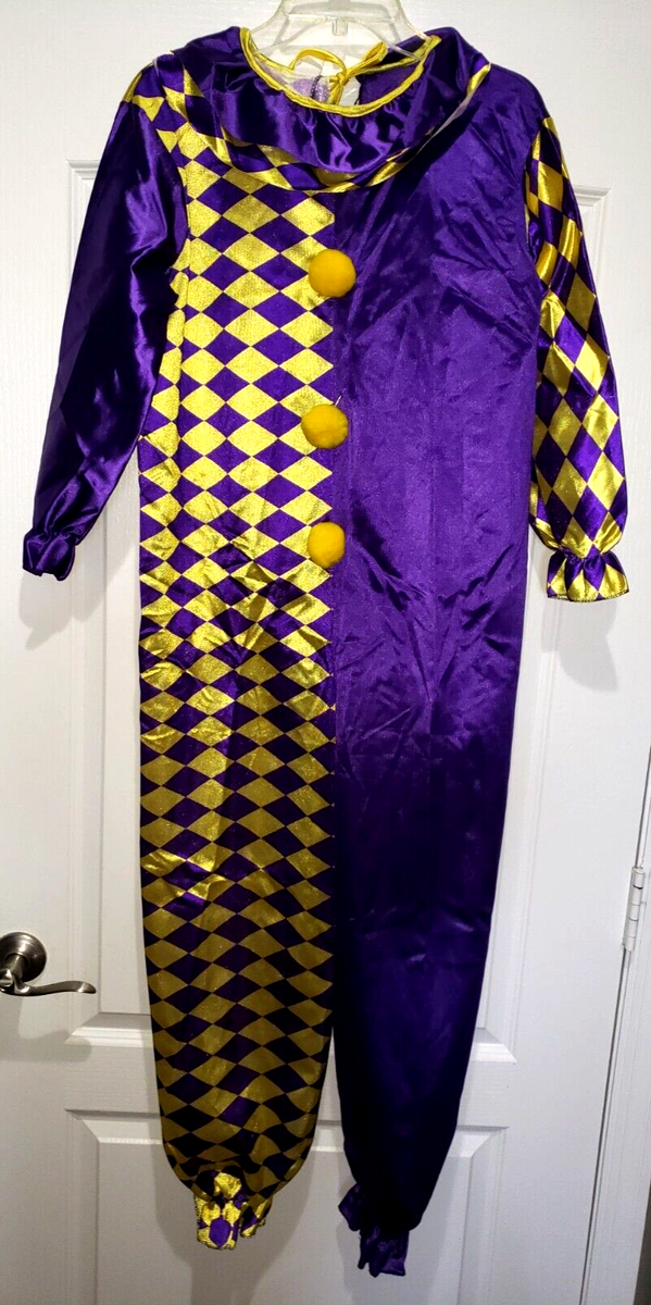girls boys PURPLE YELLOW CLOWN COSTUME AFRO WIG size LARGE HALLOWEEN 3 PC  hat