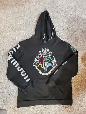 HARRY POTTER Pullover Sweatshirt Hoodie Medium Black Hogwarts Crests Unisex 