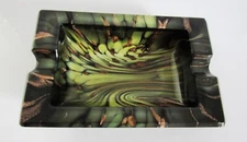 GREEN ART GLASS ASHTRAY GOLD FLAKES THROUGHOUT  STAMPED ITALY VINTAGE