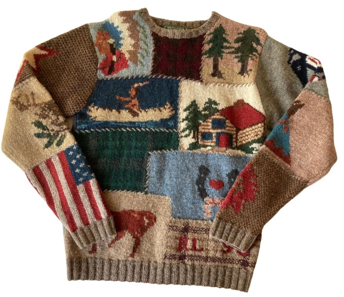 VTG 90s Ralph Lauren Polo Country Patchwork Navajo Hand Knit Sweater Wool Size S