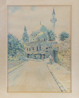 BASHARI - Jama El-Basha / Al-Jazzar Mosque in Akko / Acre Watercolor SIGNED 