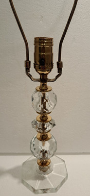 VTG MCM Crystal Table Lamp Diamond Cut Glass Hexagon Base 12'' gold fittings