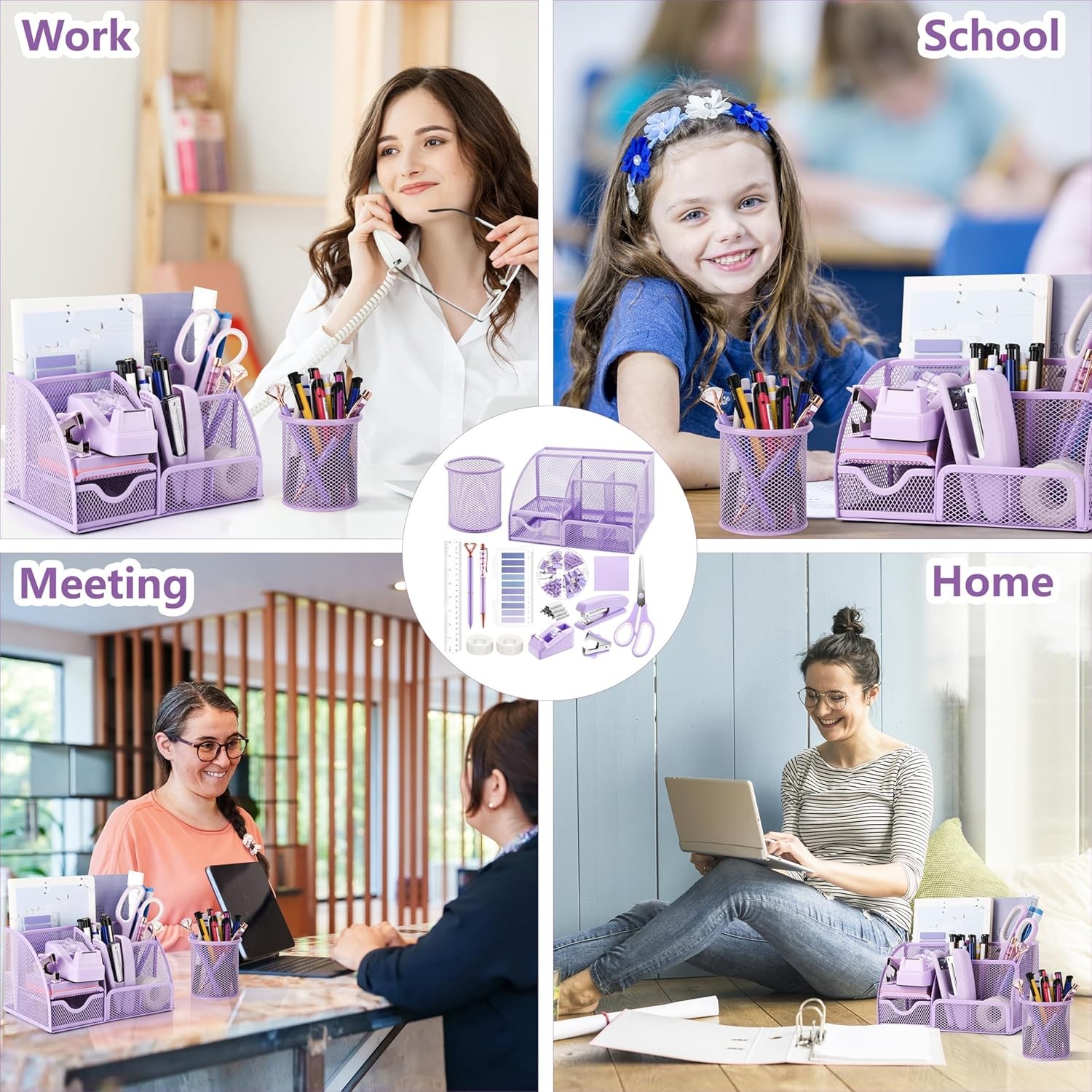 15 Pcs Purple Office Supplies Set Mesh Desk Organizer Accessories Kit