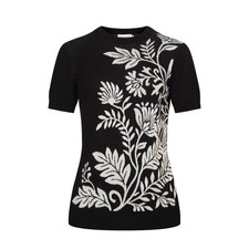 Crewneck Short-Sleeve Knit Top with Cream Flo...