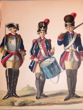 Ec. FRANCESE XIX DISEGNO ACQUERELLO COSTUMI MILITARI UNIFORMI LOUIS XVI 1850