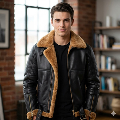 B3 Men's Flight Pilot RAF Aviator Real Shearling Sheepskin Leather Bomber Jacket