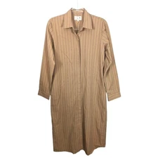 Mille Resort & Travel Cotton Midi Shirt Dress Tan Blue Pinstripe Classic M NWT