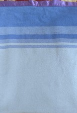 VTG WOOL CAMP BLANKET BLUE STRIPED 65" X 80" PURPLE SATIN TRIM