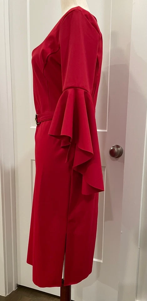 Cinturón Floral Manga Cascada Cuello Redondo Columna Vestido Bufón Rojo Talla 4 Foto 4 de 4