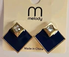 Earrings 16mm Square Blue And Gold Tone Studs 1 Pair Faux Jewel