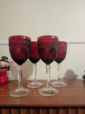 VTG Set Of 4 Clear Stem Ruby Red Luminarc Cristal d’Arques Durand Water Glasses
