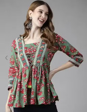 Indian Women rayon green Floral Printed Short Kurta Kurti Top Tunic New desgin