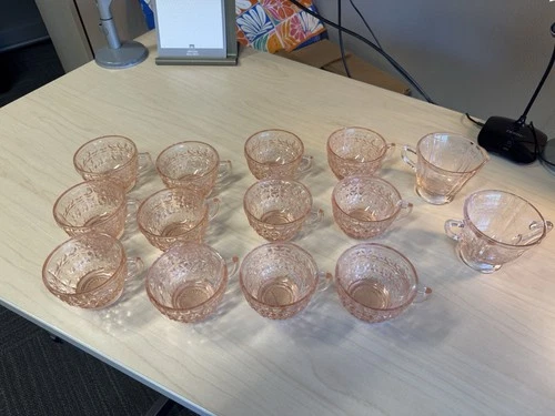 Vintage Jeanette Glass Buttuns & Biws Cups Pink Set of 10 + Bonus 2 Serving Cups