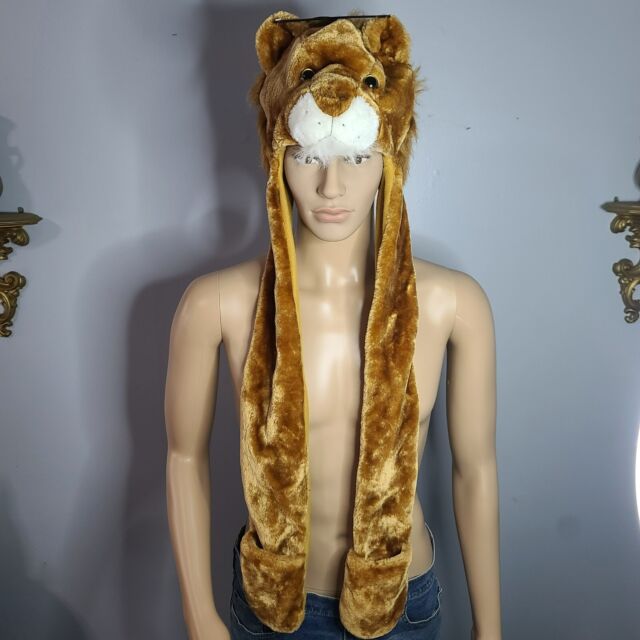 Lion Cat Fuzzy Stuffed Plush Animal Cap Hat w/ Earmuff Mittens Protection Unisex