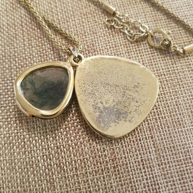 Vintage Signed Mesh Necklace Double Drop Pendant Stone Gold Tone