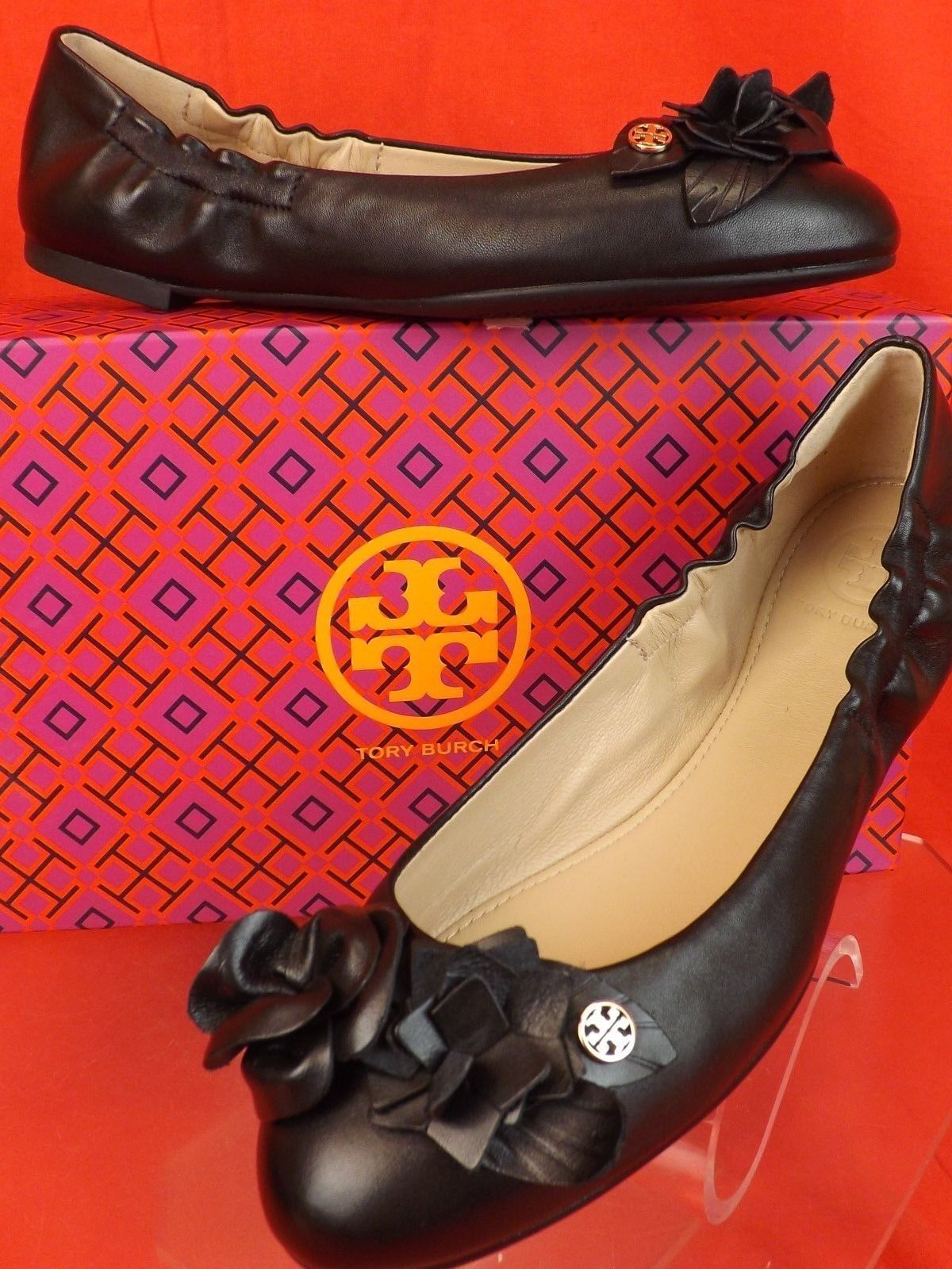 NIB TORY BURCH BLOSSOM BLACK FLOWERS LEATHER GOLD REVA BALLET FLATS 9  887712854936 | eBay