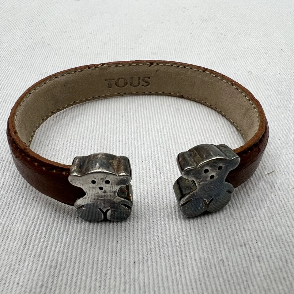 PULSEIRA VINTAGE STERLING TOUS DUPLA FIGURA URSINHO DE PELÚCIA COURO MARROM PUNHO FLEXÍVEL - Imagem 2 de 4