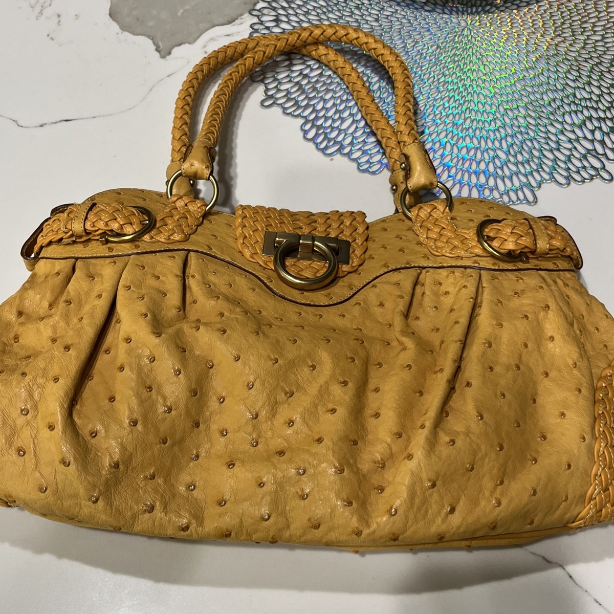 Salvatore Ferragamo Zafferano Ostrich Leather Satchel Bag New w