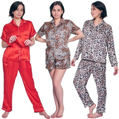 Damen Pyjama Set Seide Satin Kurzarm Button Down Zweiteiler Bequem Nachtwäsche