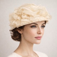 Vintage 1960s Union Made Cream Pillbox Hat Floral Petal Cocktail Church Derby