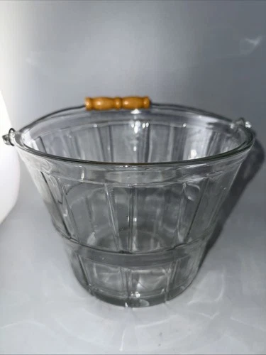 Vintage Anchor Hocking Glass Ice Bucket Bushel Or Apple Basket Wire Wood Handle