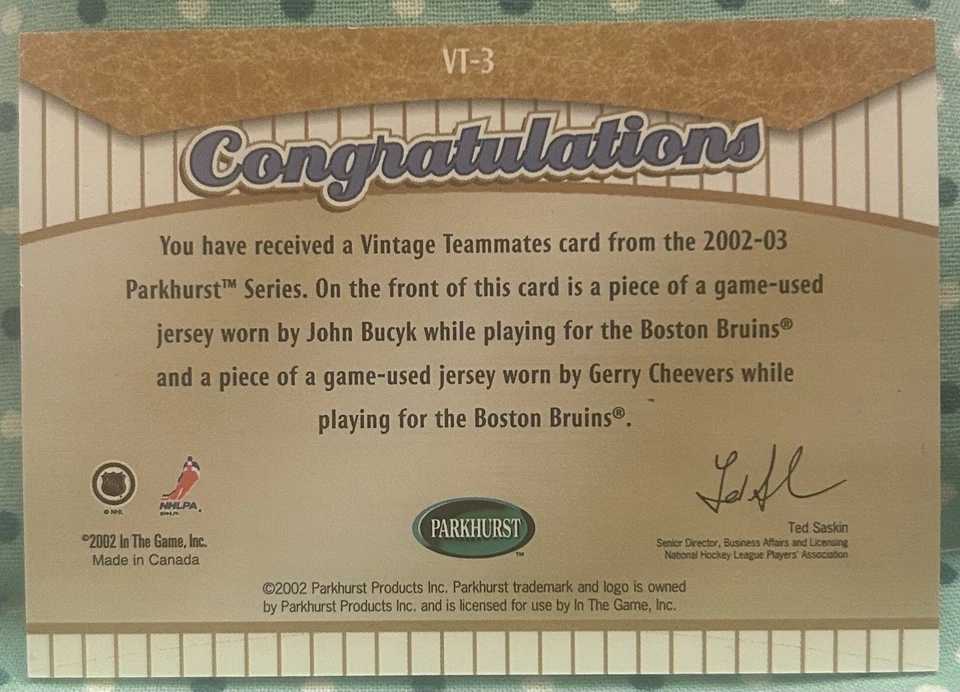 BUCYK CHEEVERS 2002-03 In The Game Parkhurst Vintage Teammates Game-Used Relics - Image 2 of 2