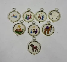 Vtg Christmas Cross Stitch Ornaments 8 Pc Gold Frame Handmade Manger Jesus Mary
