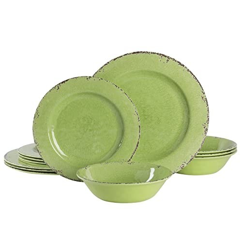 Gibson Mauna 12 Piece Melamine Dinnerware Set In Crackle Green