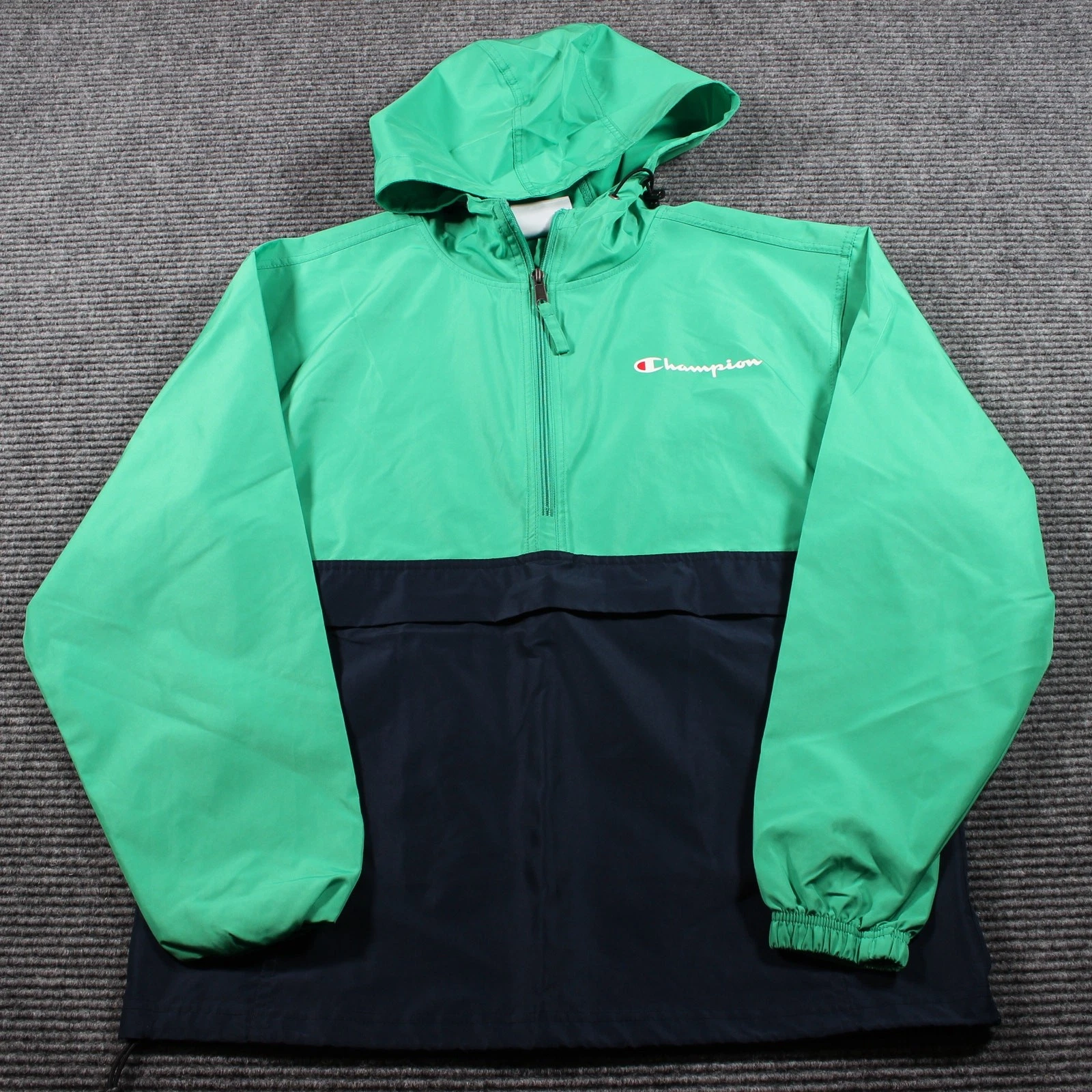 Champion Windbreaker Mens Small Green Navy Hooded 1/4 Zip Packable
