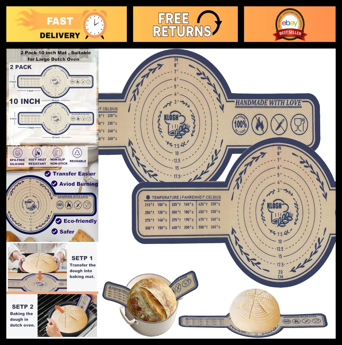 Large Silicone Bread Sling for Dutch Oven, 2 Pack - Non-Stick, Heat Resistant, E