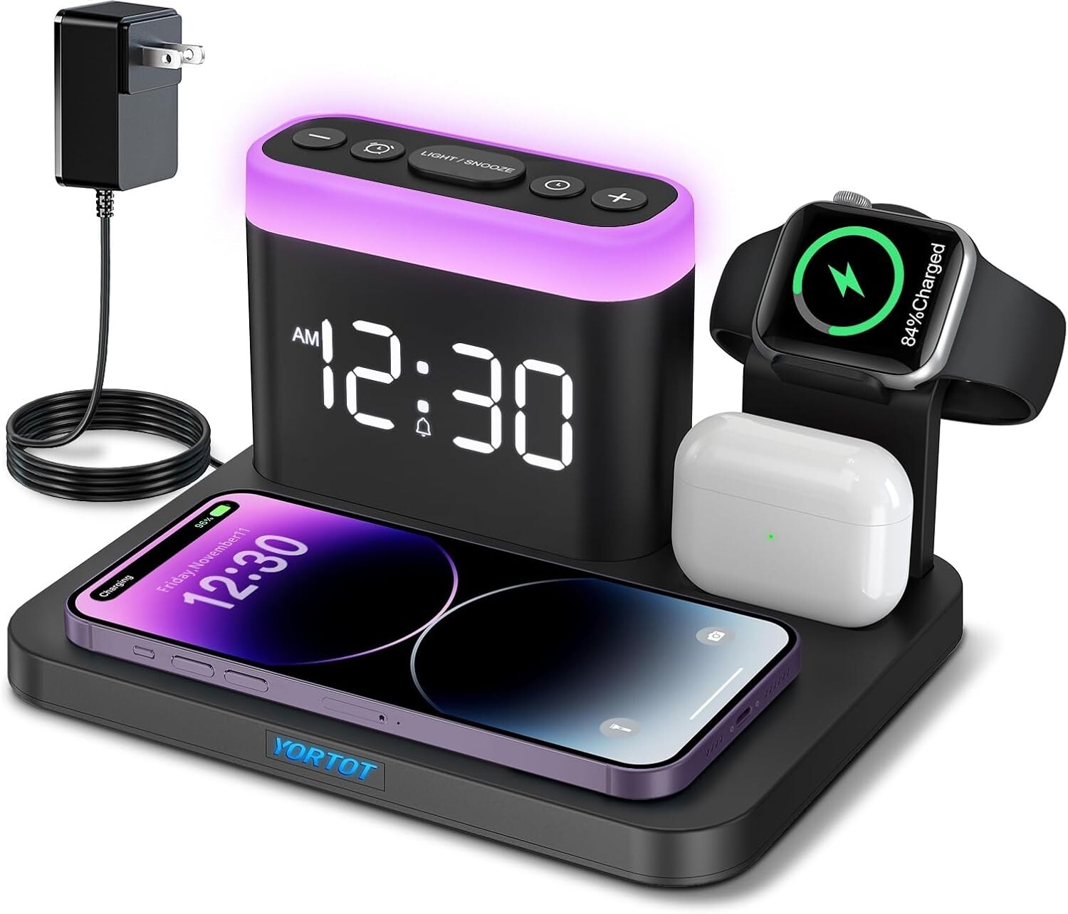 Wireless Charging Station-5 in 1 Wireless Charger Stand with Alarm Clock, 7 Nigh-image