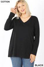 🌻 Plus Size Long Sleeve V-Neck Cotton Tees Black 3XL
